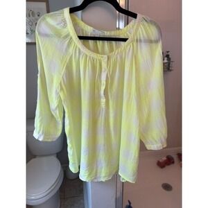 Gap Neon Yellow White Buffalo Check Cotton Gauze Henley Roll Tab Sleeve Top L